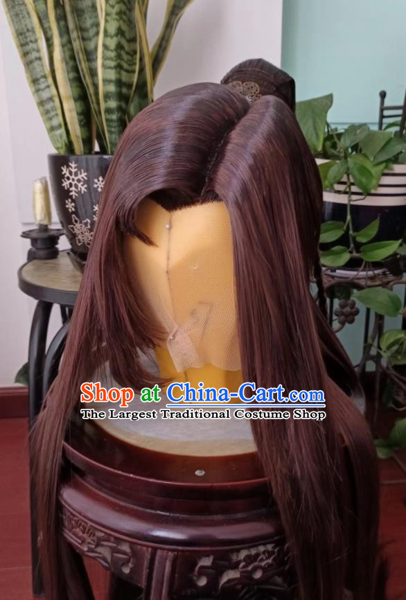 Handmade China Traditional Puppet Show Young Hero Feng Xiaoyao Hairpieces Ancient Chivalrous Knight Headdress Cosplay Swordsman Brown Wigs