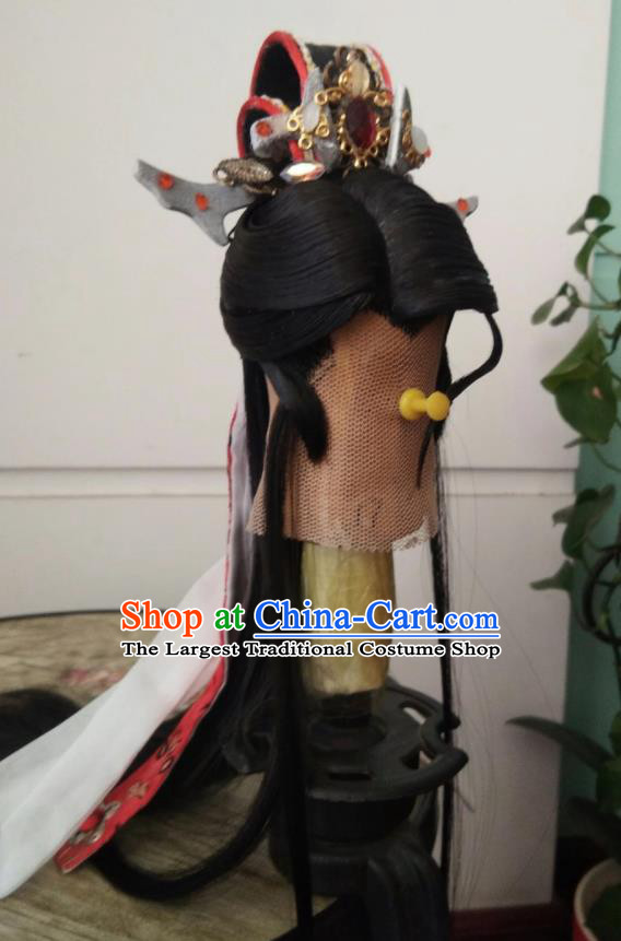 Handmade China Cosplay Swordsman Black Wigs and Hairdo Crown Traditional Puppet Show Mo Lisao Hairpieces Ancient Royal Prince Headdress