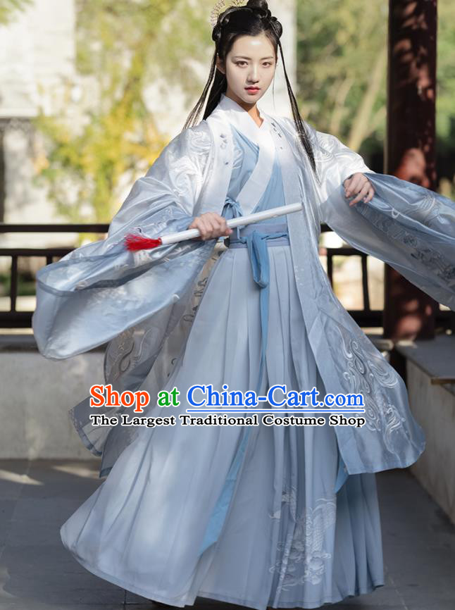 China Jin Dynasty Noble Childe Historical Clothing Traditional Embroidered Blue Hanfu Apparels Ancient Swordsman Garment Costumes