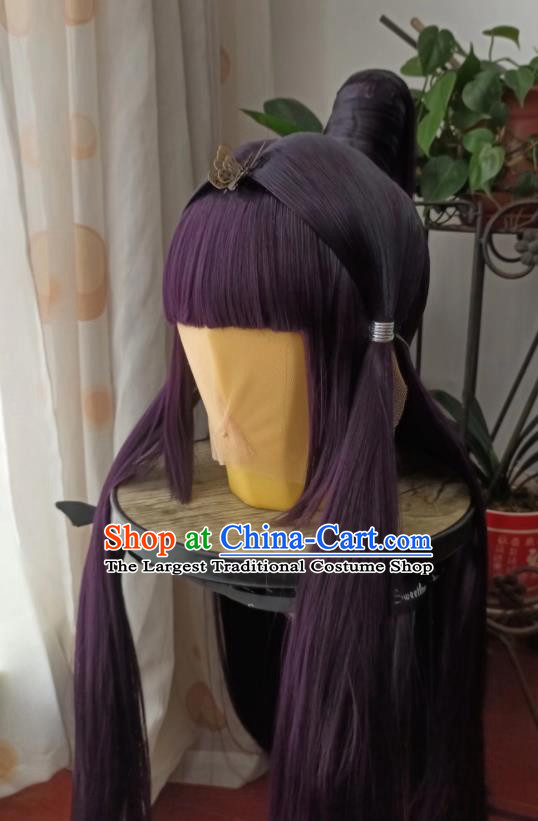 China Ancient Swordswoman Purple Wigs Traditional Puppet Show Feng Die Hair Accessories Cosplay Fairy Princess Hairpieces