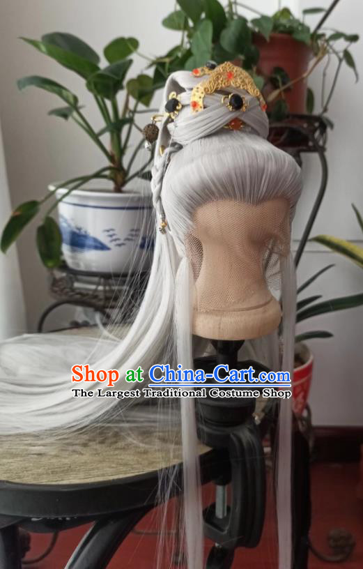 Chinese Traditional Handmade Cosplay Taoist Priest Grey Wigs Hairpieces Ancient Swordsman Periwig Hair Accessories Puppet Show Emperor Headdress