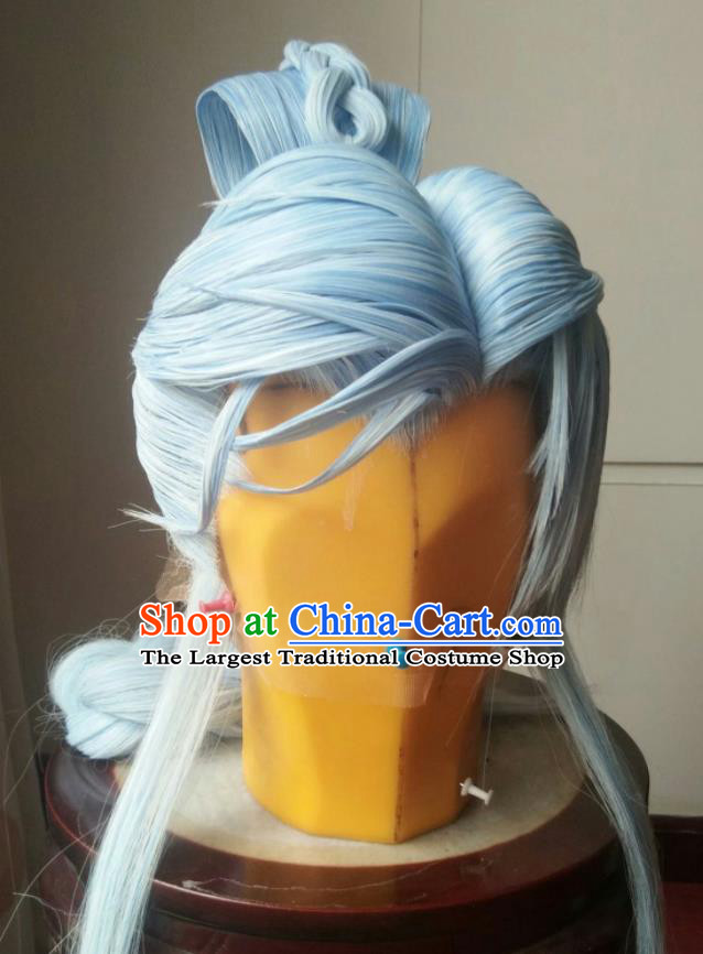 Chinese Ancient Swordsman Periwig Hair Accessories Puppet Show Headdress Traditional Handmade Cosplay Knight Blue Wigs Hairpieces