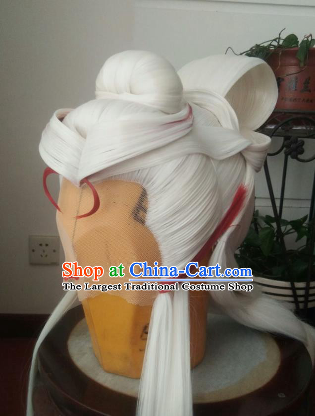 Chinese Ancient Taoist Priest Periwig Hair Accessories Puppet Show Elderly Swordsman Headdress Traditional Handmade Cosplay Warrior White Wigs Hairpieces