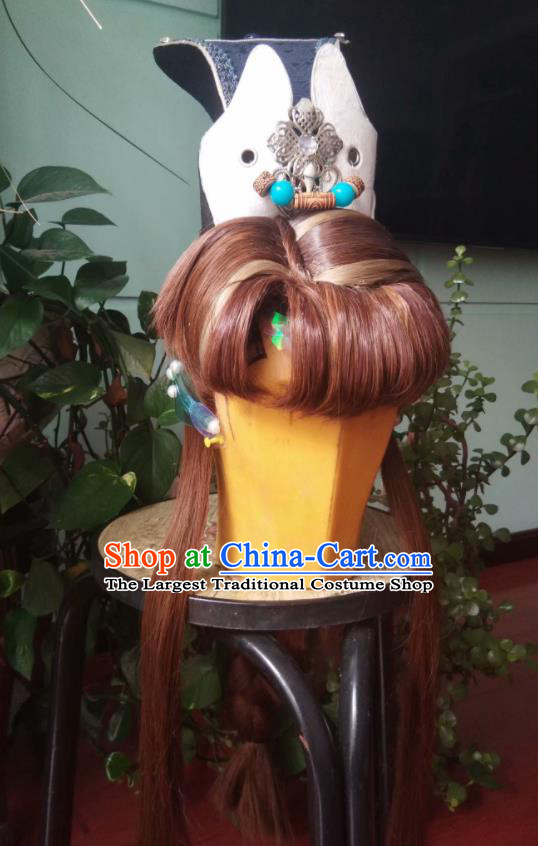Chinese Handmade Puppet Show Young Childe Headdress Traditional Cosplay Prince Golden Wigs and Hairdo Crown Hairpieces Ancient Swordsman Periwig Hair Accessories
