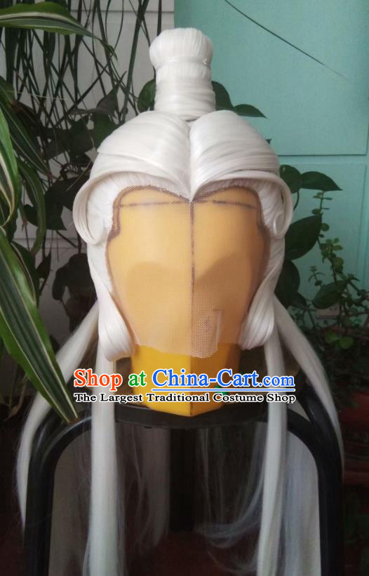 Chinese Ancient Emperor Periwig Hair Accessories Handmade Puppet Show Su Huanzhen Headdress Traditional Cosplay Taoist Priest White Wigs Hairpieces