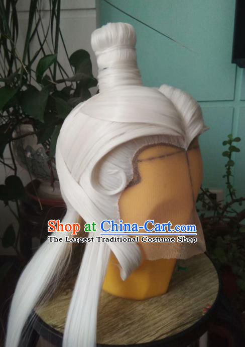 Chinese Ancient Emperor Periwig Hair Accessories Handmade Puppet Show Su Huanzhen Headdress Traditional Cosplay Taoist Priest White Wigs Hairpieces