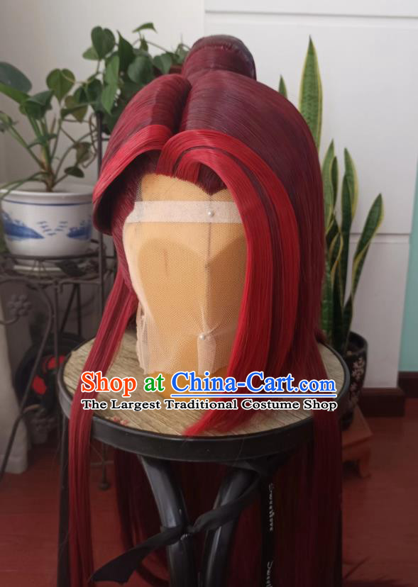 Chinese Puppet Show Young Hero Headdress Traditional Handmade Knight Red Wigs Hairpieces Ancient Swordsman Periwig Hair Accessories