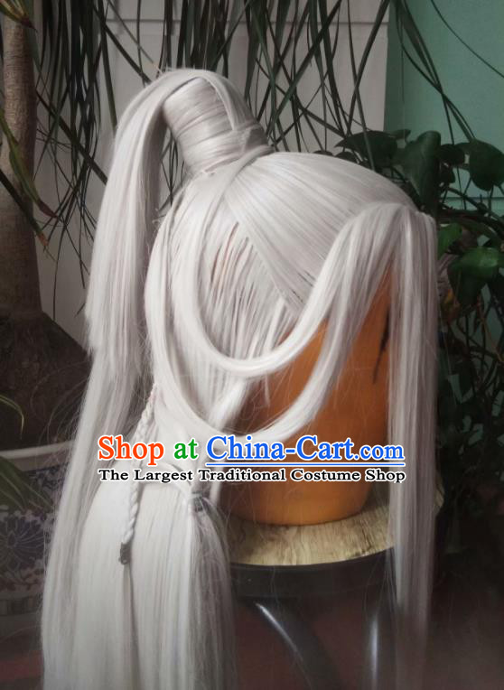 Chinese Ancient Taoist Priest Periwig Hair Accessories Handmade Puppet Show Elderly Male Headdress Traditional Cosplay Swordsman Gray Wigs Hairpieces