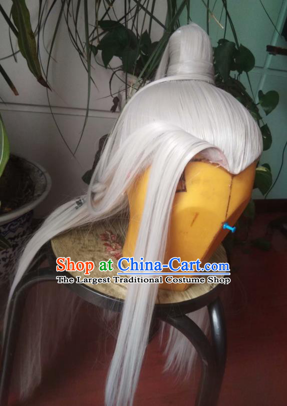 Chinese Ancient Taoist Priest Periwig Hair Accessories Handmade Puppet Show Elderly Male Headdress Traditional Cosplay Swordsman Gray Wigs Hairpieces