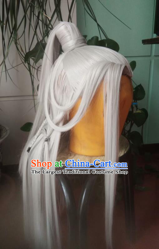 Chinese Ancient Taoist Priest Periwig Hair Accessories Handmade Puppet Show Elderly Male Headdress Traditional Cosplay Swordsman Gray Wigs Hairpieces
