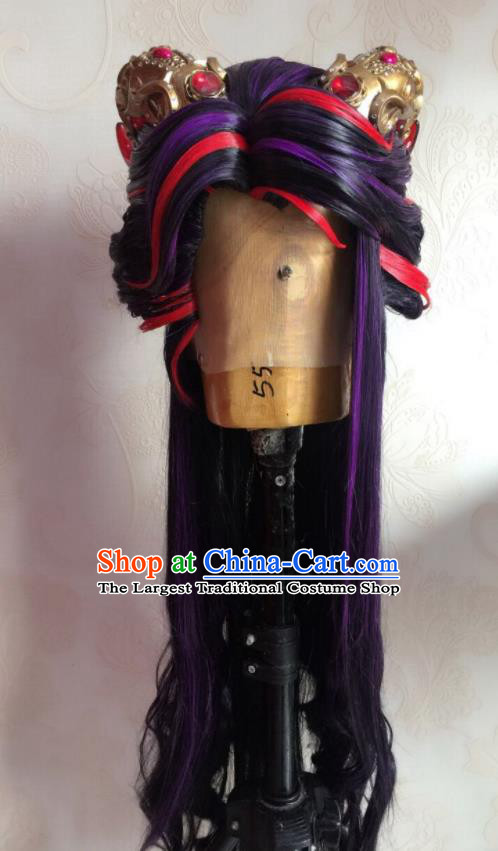 Chinese Traditional Cosplay Demon Prince Purple Wigs and Hair Crown Hairpieces Ancient Young Male Periwig Hair Accessories Handmade Puppet Show Swordsman Headdress