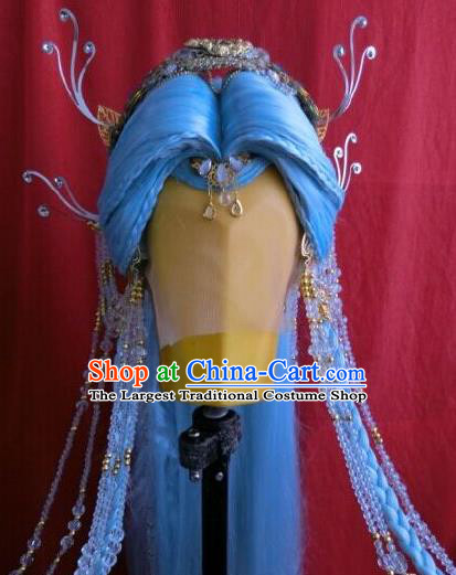 China Ancient Princess Blue Wigs and Hair Crown Traditional Puppet Show Fairy Hair Accessories Cosplay Goddess Hairpieces