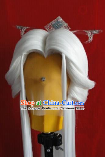 Chinese Ancient Taoist Priest Periwig Hair Accessories Handmade Puppet Show Su Huanzhen Headdress Traditional Cosplay Swordsman White Wigs Hairpieces