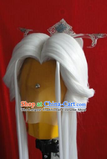 Chinese Ancient Taoist Priest Periwig Hair Accessories Handmade Puppet Show Su Huanzhen Headdress Traditional Cosplay Swordsman White Wigs Hairpieces