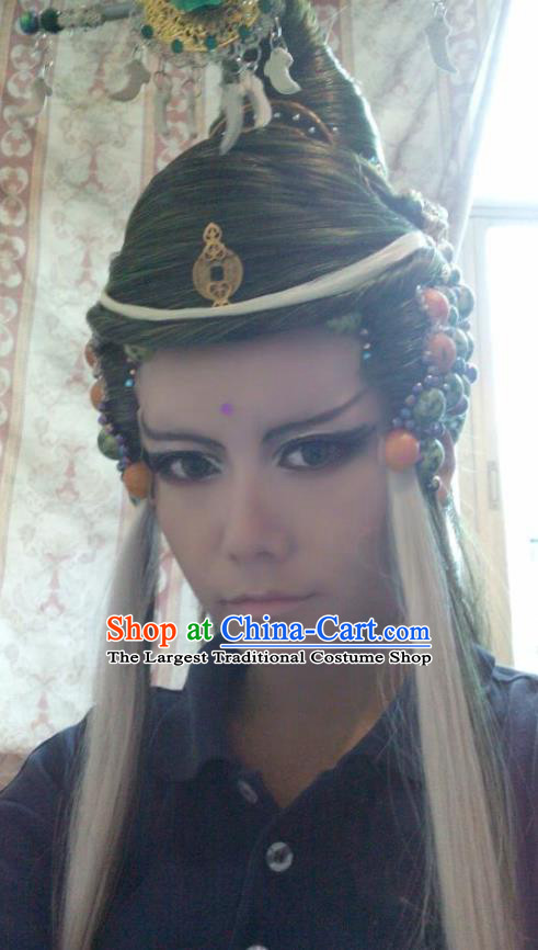 Chinese Handmade Puppet Show Headdress Traditional Cosplay Demon King Green Wigs Hairpieces Ancient Swordsman Periwig Hair Accessories
