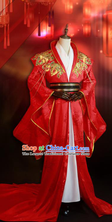 China Ancient Emperor Red Clothing Traditional Wedding Garment Costumes Cosplay Demon King Apparels