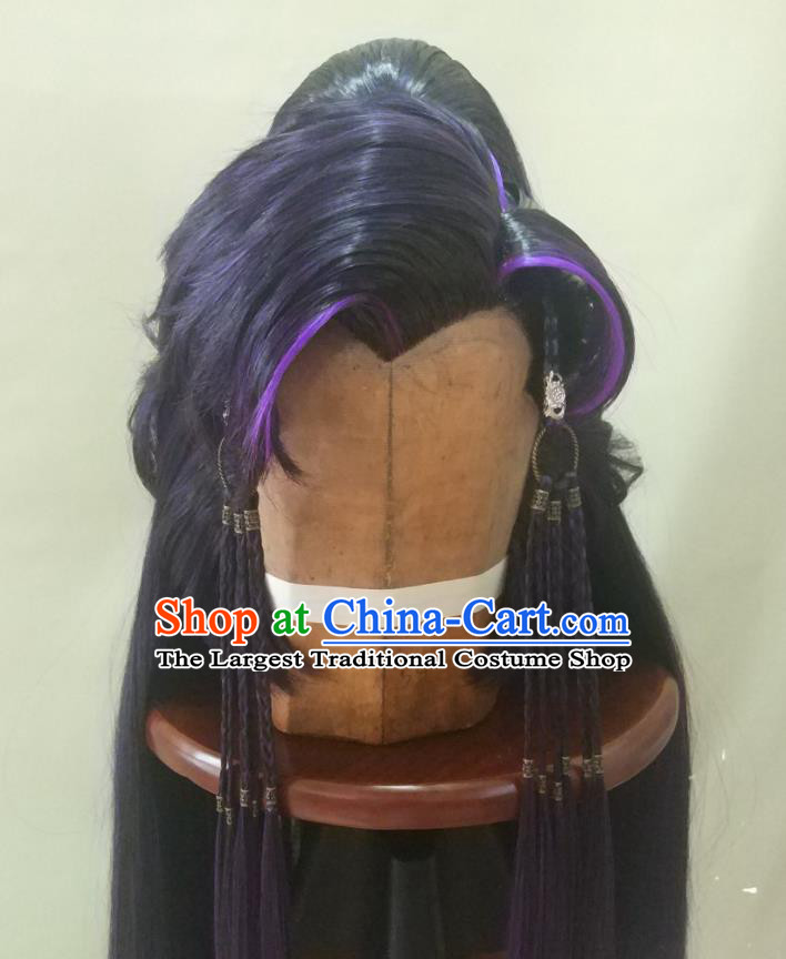 Chinese Ancient Royal Prince Periwig Hair Accessories Handmade Cosplay Swordsman Headdress Traditional Puppet Show Purple Wigs Hairpieces