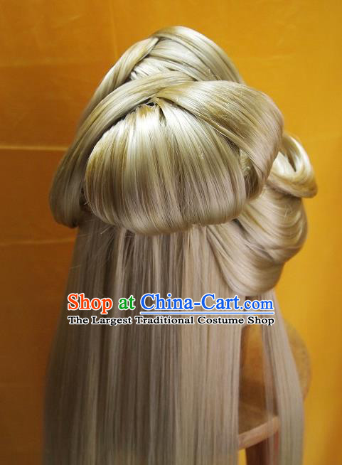 China Traditional Puppet Show Goddess Hair Accessories Cosplay Queen Hairpieces Ancient Swordswoman Golden Wigs Headdress