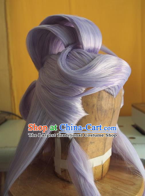 Chinese Ancient Taoist Priest Periwig Hair Accessories Handmade Cosplay Swordsman Headdress Traditional Puppet Show Emperor Lilac Wigs Hairpieces