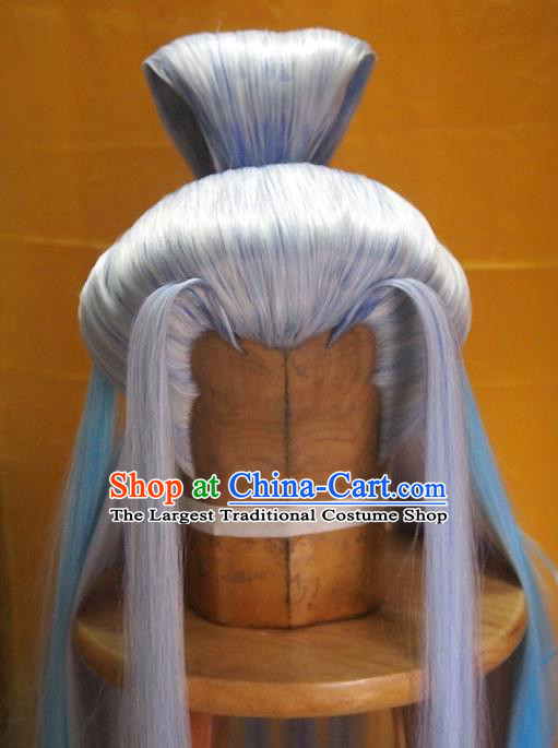 Chinese Handmade Cosplay Immortal Headdress Traditional Puppet Show Swordsman Lilac Wigs Hairpieces Ancient Taoist Priest Periwig Hair Accessories