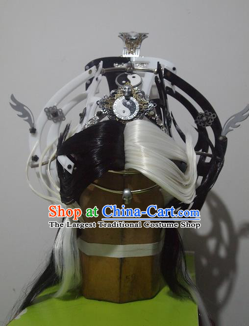 Chinese Ancient Taoist Priest Periwig Hair Accessories Handmade Cosplay Swordsman Headdress Traditional Puppet Show Patriarch Wigs Hairpieces