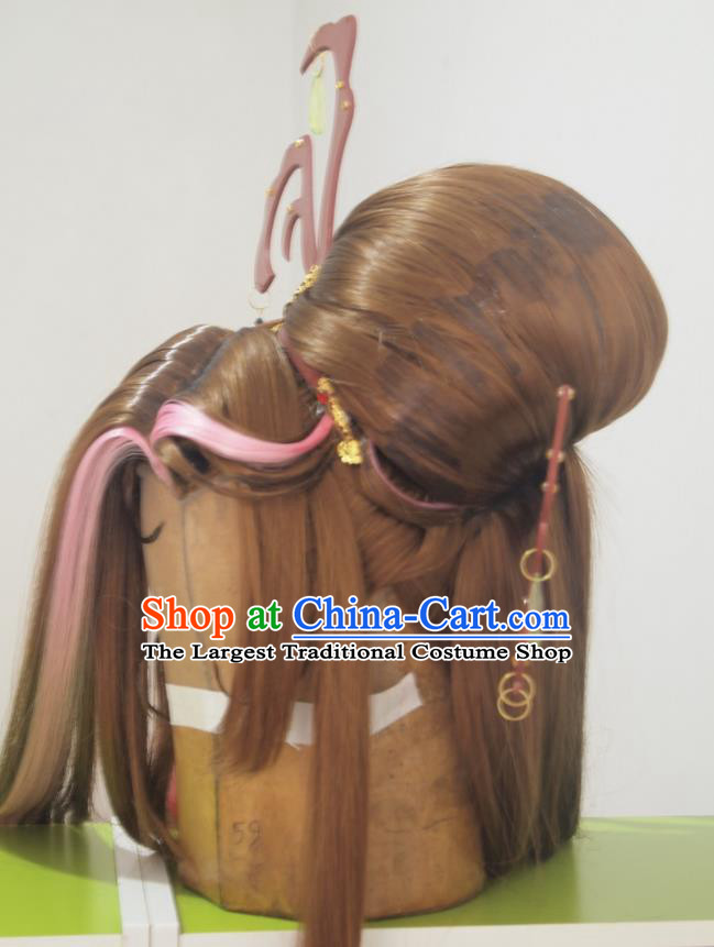 China Cosplay Goddess Hairpieces Ancient Queen Brown Wigs Headdress Traditional Puppet Show Bu Chenxiang Hair Accessories