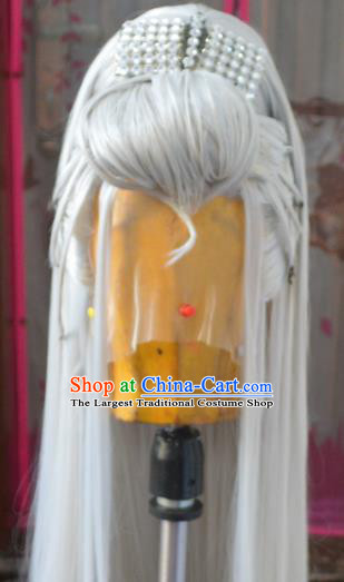 Chinese Handmade Cosplay Swordsman Headdress Traditional Puppet Show Gray Wigs Hairpieces Ancient Patriarch Periwig Hair Accessories