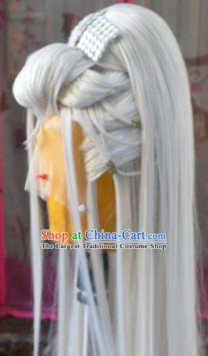 Chinese Handmade Cosplay Swordsman Headdress Traditional Puppet Show Gray Wigs Hairpieces Ancient Patriarch Periwig Hair Accessories