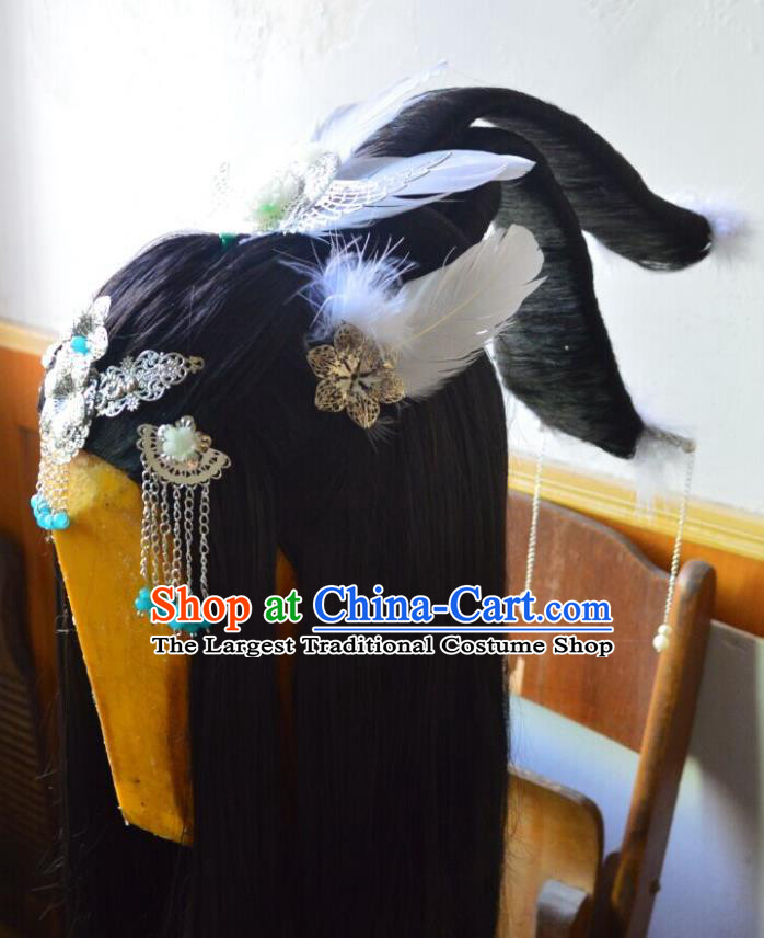 China Ancient Goddess Wigs Headdress Traditional Eternal Love Bai Qian Hair Accessories Cosplay Queen Hairpieces