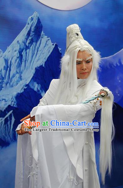 Chinese Traditional Puppet Show Master White Wigs Hairpieces Ancient Swordsman Periwig Hair Accessories Handmade Cosplay Taoist Priest Headdress