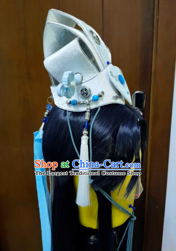 Chinese Handmade Cosplay Taoist Priest Headdress Traditional Puppet Show Swordsman Hairdo Crown Ancient Prince Hair Accessories