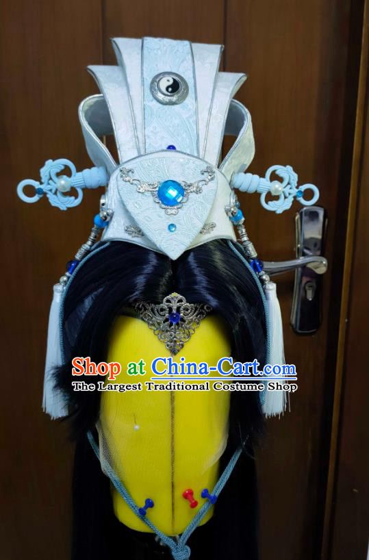 Chinese Handmade Cosplay Taoist Priest Headdress Traditional Puppet Show Swordsman Hairdo Crown Ancient Prince Hair Accessories