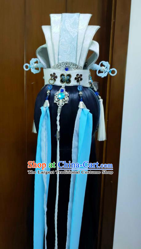 Chinese Handmade Cosplay Taoist Priest Headdress Traditional Puppet Show Swordsman Hairdo Crown Ancient Prince Hair Accessories