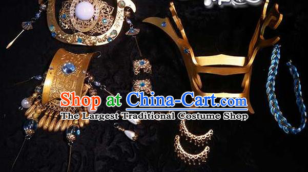 Chinese Handmade Cosplay Swordsman Headpieces Traditional Puppet Show Xuan Lingcang Hair Crown Ancient Emperor Hair Accessories