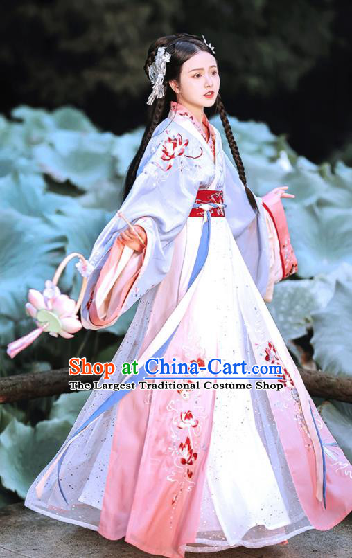China Jin Dynasty Imperial Consort Hanfu Dress Apparels Traditional Court Historical Clothing Ancient Young Beauty Garment Costumes Complete Set
