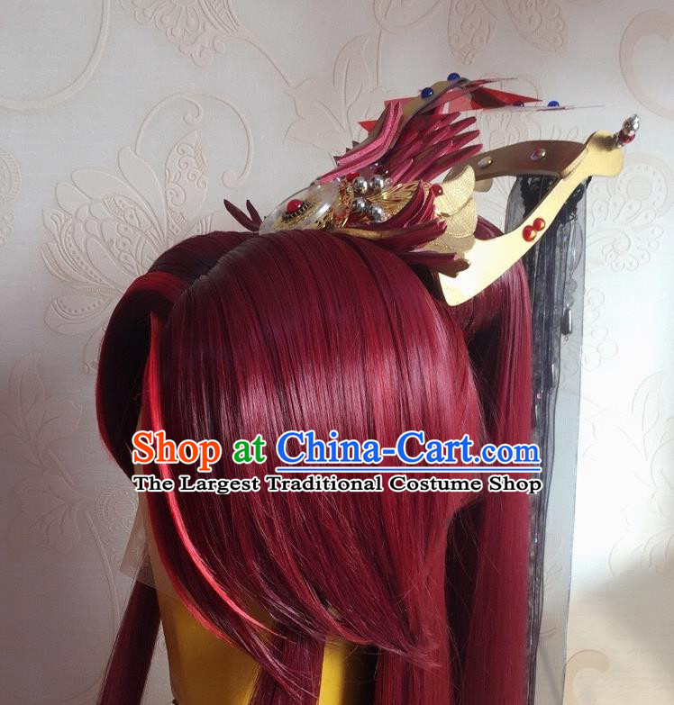Chinese Traditional Puppet Show King Red Hairdo Crown Ancient Young Hero Hair Accessories Handmade Cosplay Swordsman Headpieces