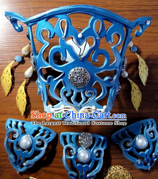 Chinese Ancient Young Childe Hair Accessories Handmade Cosplay Swordsman Headpieces Traditional Puppet Show Prince Blue Hairdo Crown