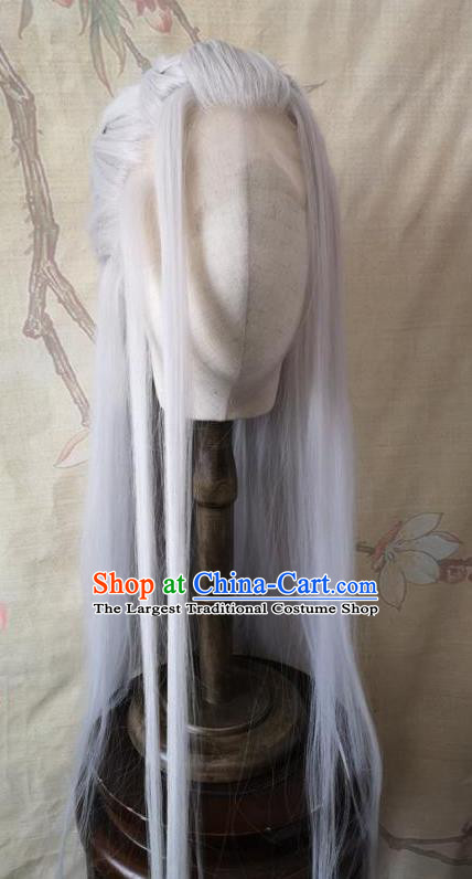 Chinese Ancient Taoist Priest Hair Accessories Cosplay Swordsman Hairpieces Traditional Gray Handmade Front Lace Wigs Headdress