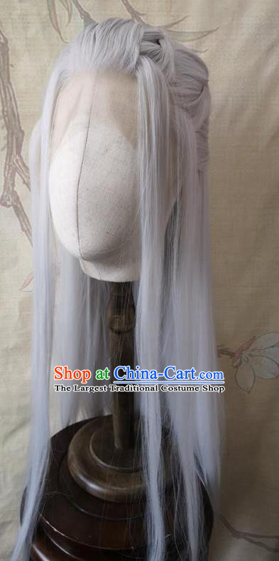 Chinese Ancient Taoist Priest Hair Accessories Cosplay Swordsman Hairpieces Traditional Gray Handmade Front Lace Wigs Headdress