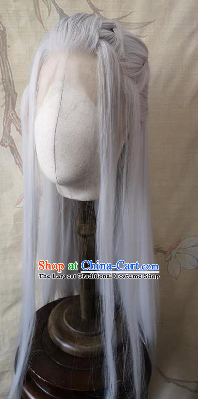 Chinese Ancient Taoist Priest Hair Accessories Cosplay Swordsman Hairpieces Traditional Gray Handmade Front Lace Wigs Headdress