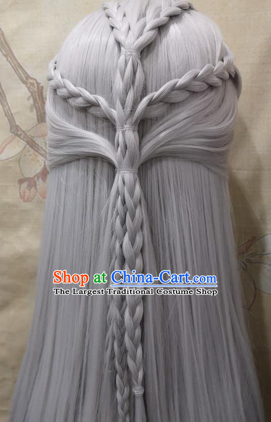 Chinese Ancient Taoist Priest Hair Accessories Cosplay Swordsman Hairpieces Traditional Gray Handmade Front Lace Wigs Headdress