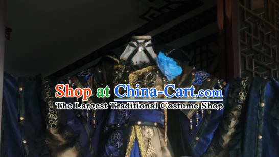 China Traditional Puppet Show Demon King Garment Costumes Cosplay Swordsman Apparels Ancient Royal Highness Blue Robe Clothing
