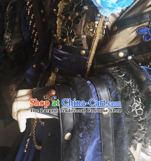 China Traditional Puppet Show Demon King Garment Costumes Cosplay Swordsman Apparels Ancient Royal Highness Blue Robe Clothing