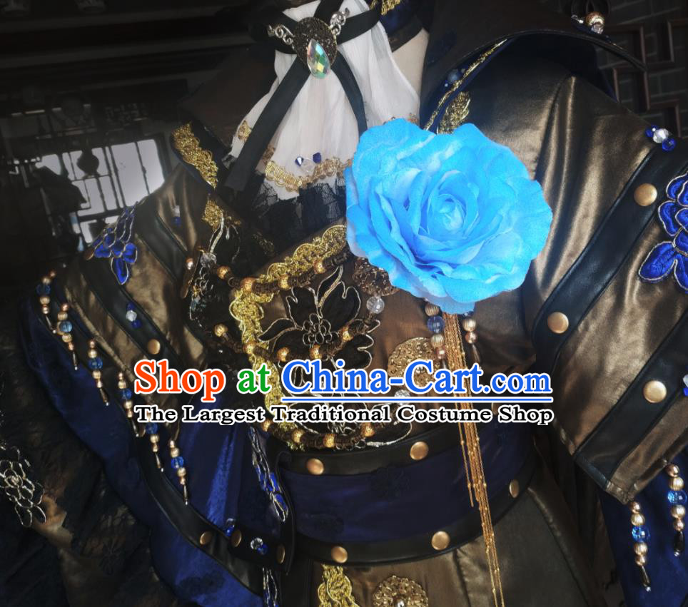 China Traditional Puppet Show Demon King Garment Costumes Cosplay Swordsman Apparels Ancient Royal Highness Blue Robe Clothing