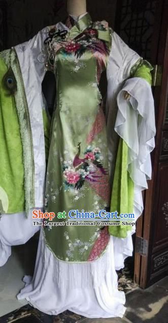 Custom Chinese Puppet Show Young Lady Green Dress Outfits Ancient Princess Clothing Cosplay Swordswoman Garment Costumes