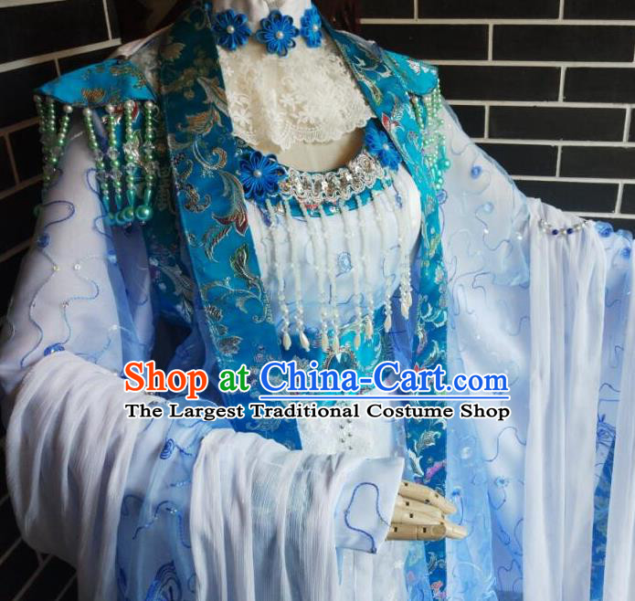 Custom Chinese Cosplay Fairy Princess Garment Costumes Puppet Show Goddess Blue Dress Outfits Ancient Imperial Consort Clothing