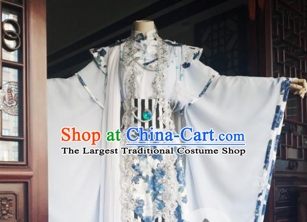 China Cosplay Noble Childe Apparels Ancient Royal Prince White Robe Clothing Traditional Puppet Show Yuan Cangming Garment Costumes