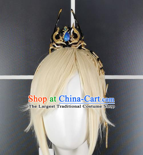 Chinese Ancient Swordsman Hairdo Crown Hair Accessories Cosplay Young Hero Hairpieces Traditional JX Online Golden Wigs Headdress