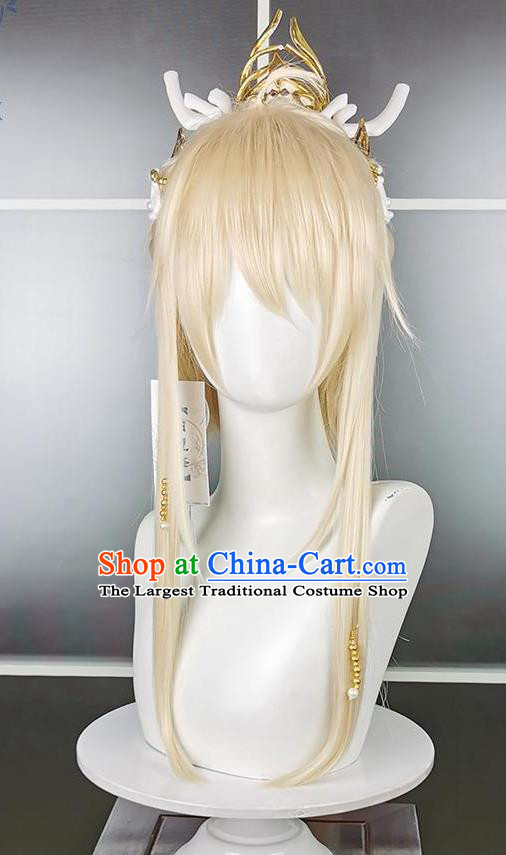 Chinese Traditional JX Online Young Hero Golden Wigs and Hairdo Crown Headdress Ancient Swordsman Hair Accessories Cosplay Dragon Prince Hairpieces
