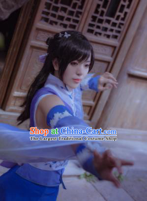 Custom Chinese Cosplay Goddess Garment Costumes Moonlight Blade Mu Qing Blue Dress Outfits Ancient Swordswoman Clothing